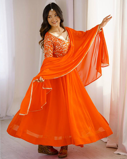 Orange Color Sequence Embroidered Georgette Anarkali Suit