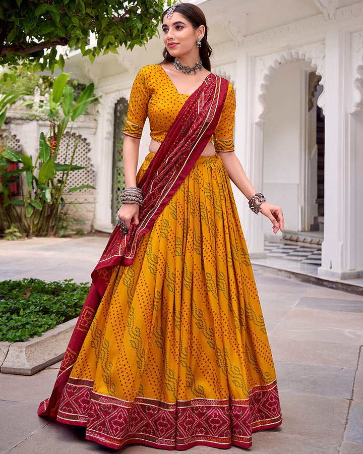 Vibrant Yellow Color Tasar Silk Navratri Lehenga Choli