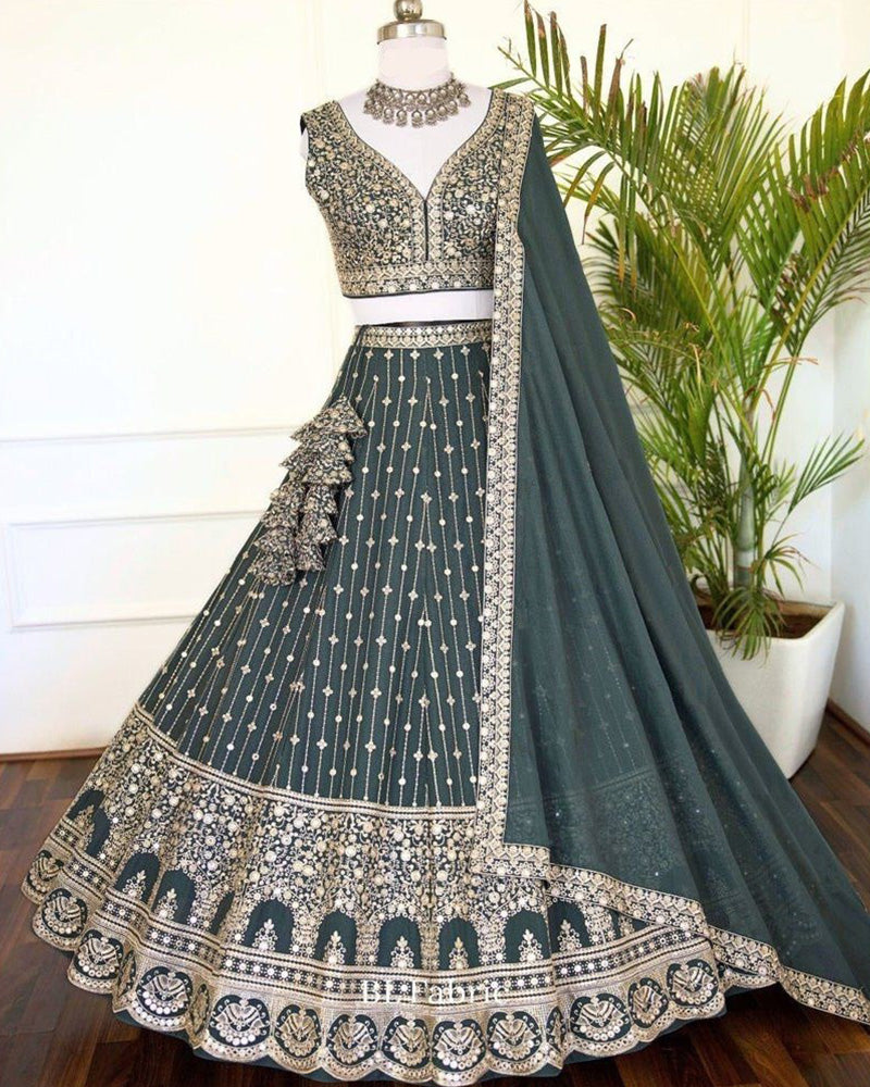 Wedding Wear Bottle Green Color Georgette Embroidered Lehenga Choli