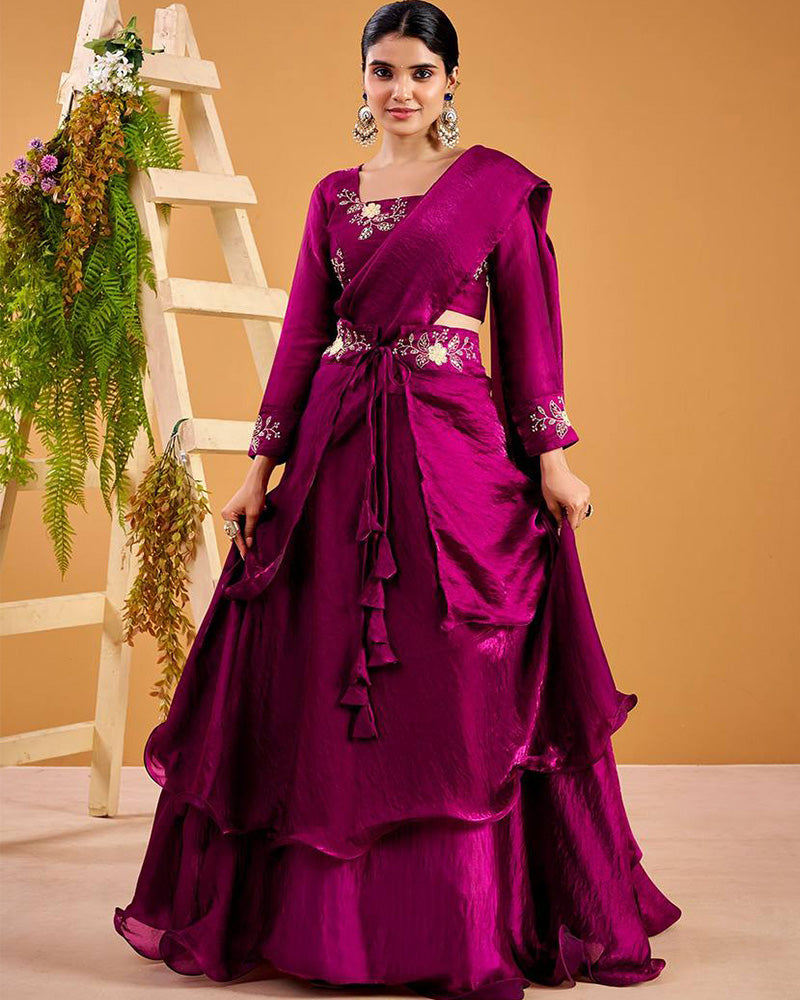 Wine Color Fendy Satin Silk Embroidered Lehenga Choli