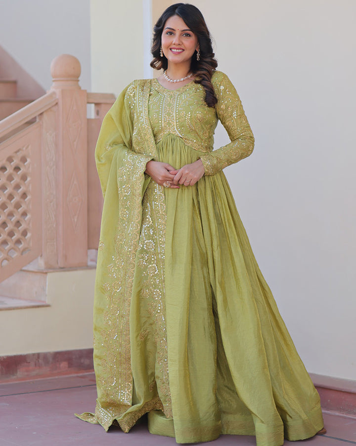 Designer Parrot Green Gold Crush Embroidered Party Wear Gown