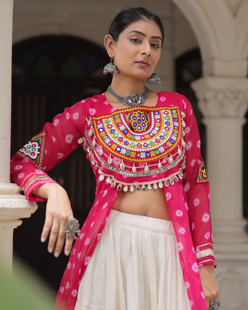 Pink Bandhani Print Gamthi Jacket Choli With Off-White Flared Lehenga