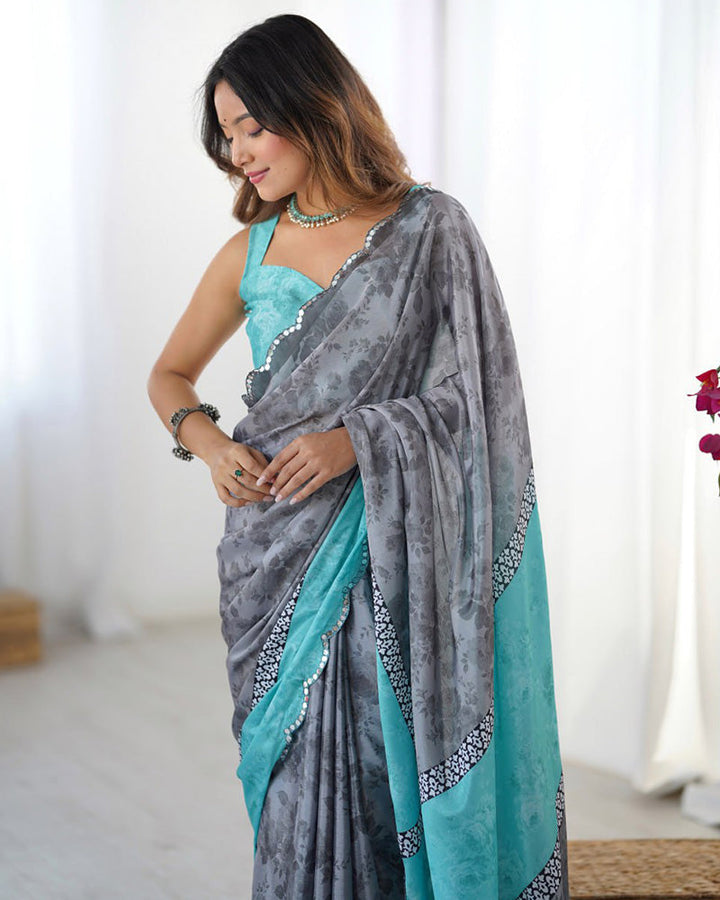 Grey Color Chinnon Silk Digital Printed Saree