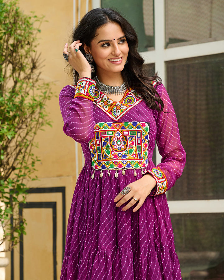 Designer Wine Color Kutchi Embroidered Anarkali Gown