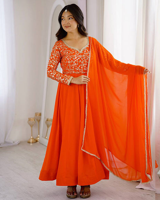 Orange Color Sequence Embroidered Georgette Anarkali Suit