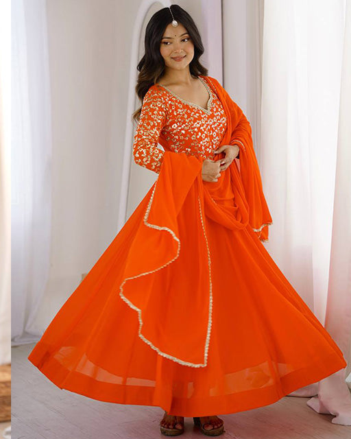 Orange Color Sequence Embroidered Georgette Anarkali Suit