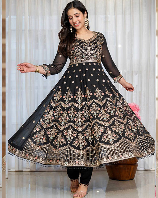 Black Color Faux Georgette  Sequence & Zari Thread Embroidered Anarkali Suit