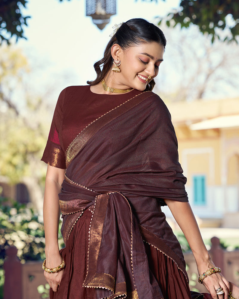Brown Color Poly Dyeable Zari Weaving  Half Saree