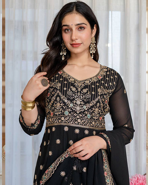 Black Color Faux Georgette  Sequence & Zari Thread Embroidered Anarkali Suit