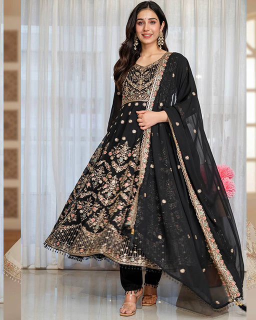Black Color Faux Georgette  Sequence & Zari Thread Embroidered Anarkali Suit