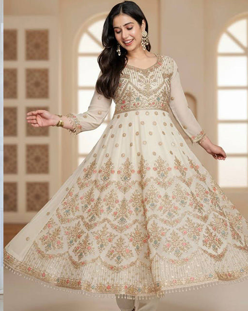 Off White Color Faux Georgette  Sequence & Zari Thread Embroidered Anarkali Suit