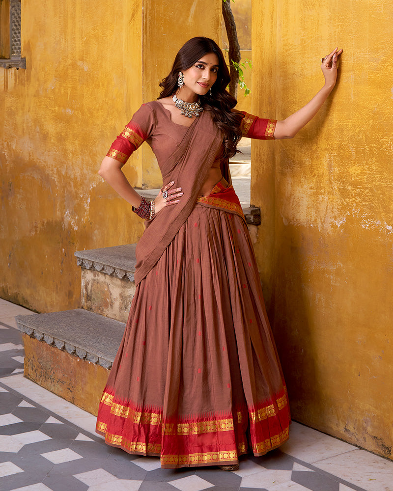 Traditional Brown Color Chanderi Half Saree With Zari Detailing