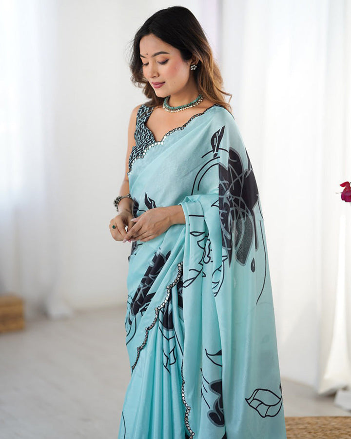 Bottle Green Color Chinnon Silk Digital Printed Saree