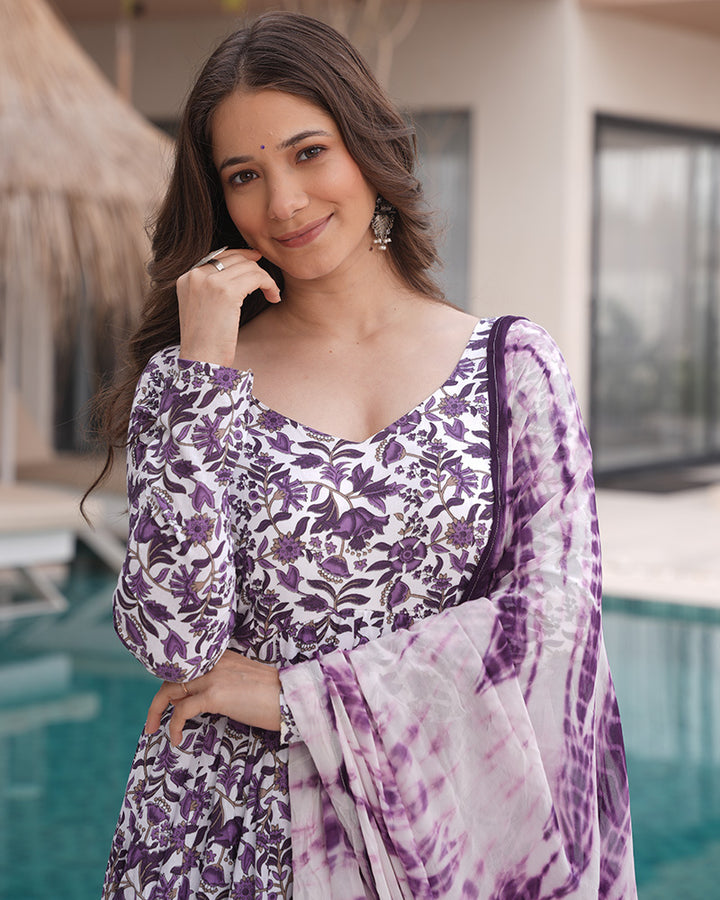 Designer White And Purple Color Cotton Printed Anarkali Suit