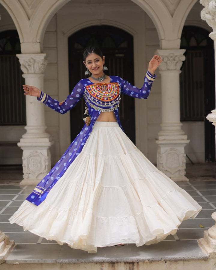 Blue Bandhani Print Gamthi Jacket Choli With Off-White Flared Lehenga