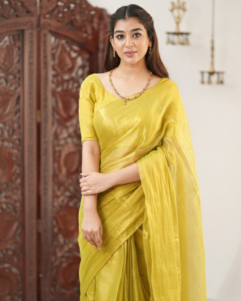 Yellow Color Handloom Raga Tissue Cotton Saree