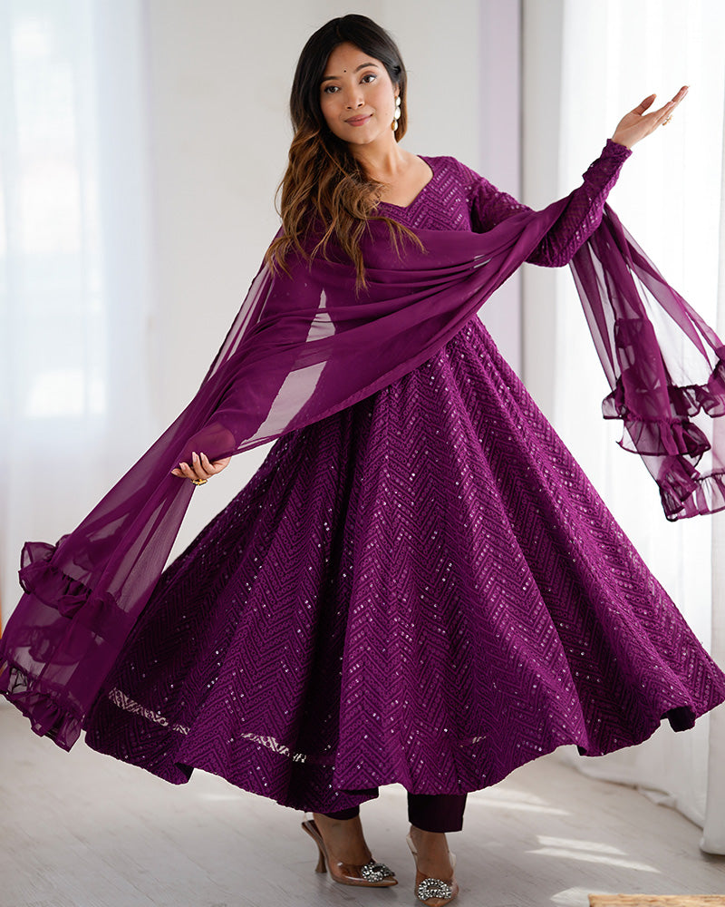 Wine Color Soft Georgette Embroidered Lucknowi Anarkali Suit