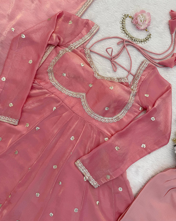 Peach Color Fendi Silk Thread Embroidered Anarkali Suit