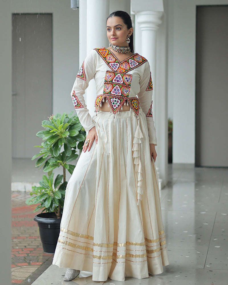 Classic Off-White Navratri Lehenga Choli with Ethnic Mirror Embroidery