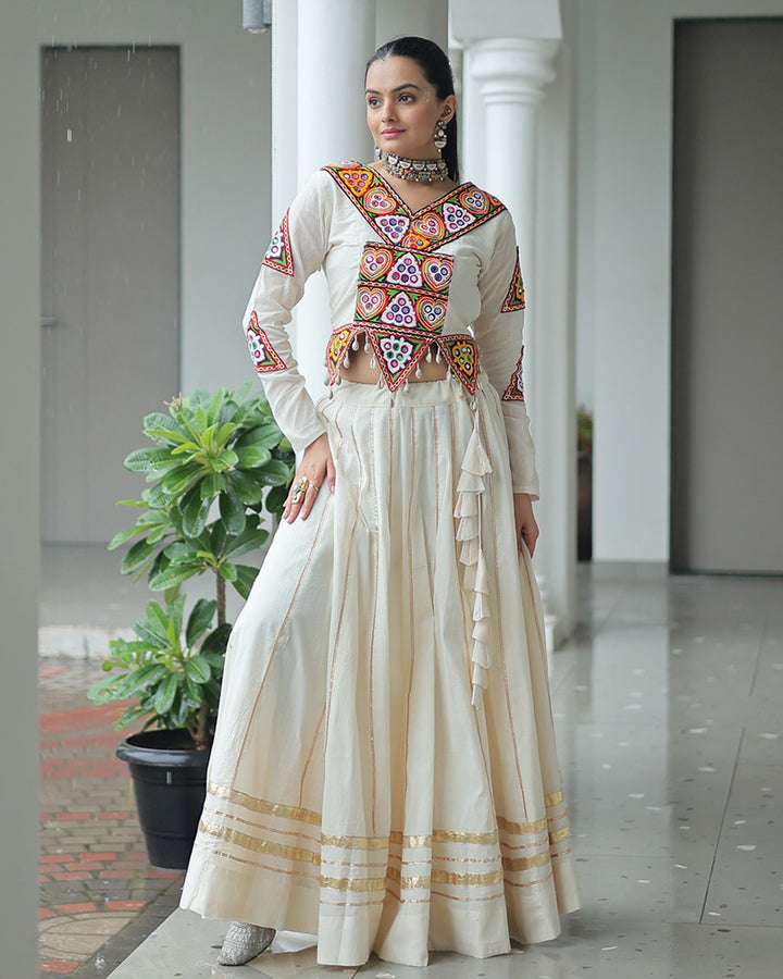 Classic Off-White Navratri Lehenga Choli with Ethnic Mirror Embroidery