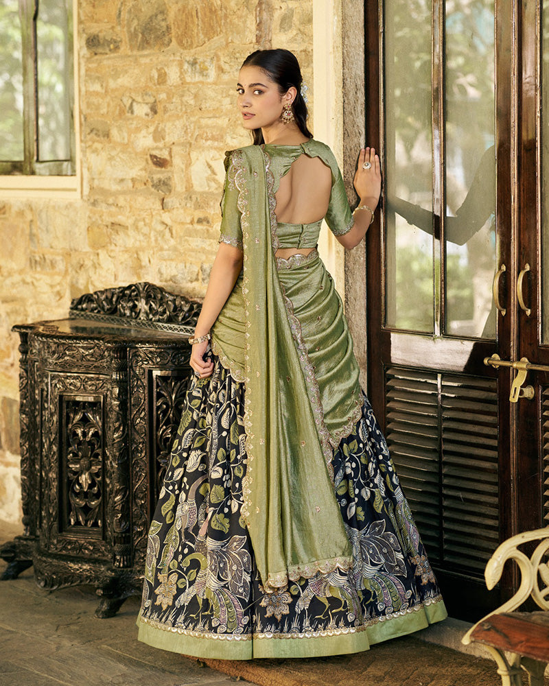 Black Color Tussar Silk Kalamkari Printed Lehenga Choli