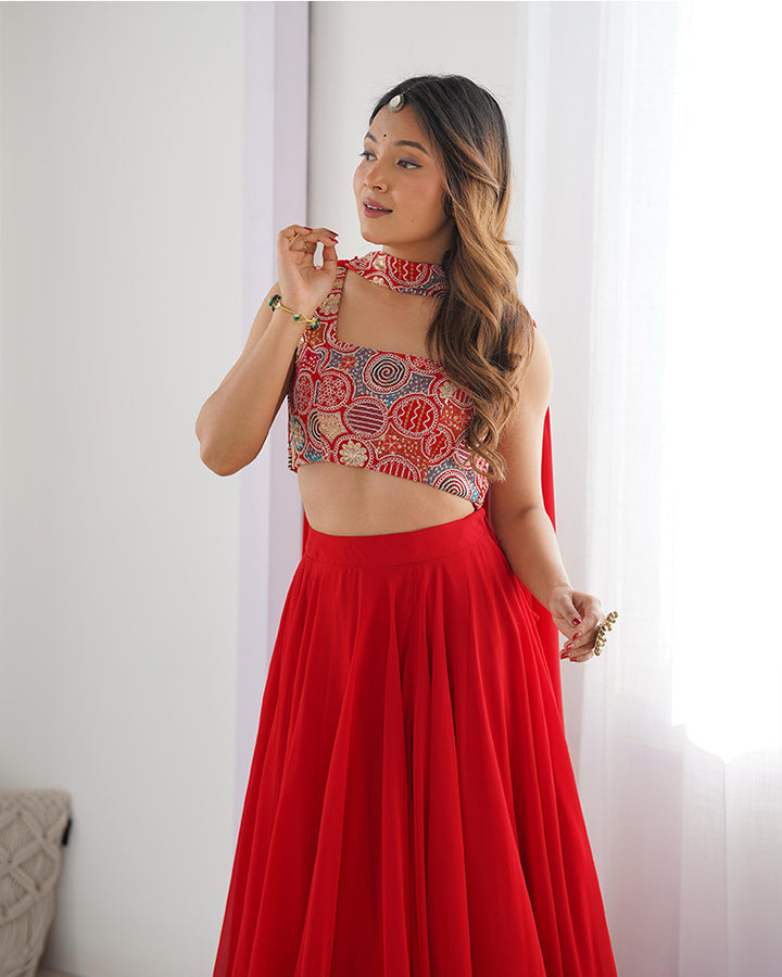 Attractive Red Color Pure Soft Georgette Embroidered Lehenga Choli