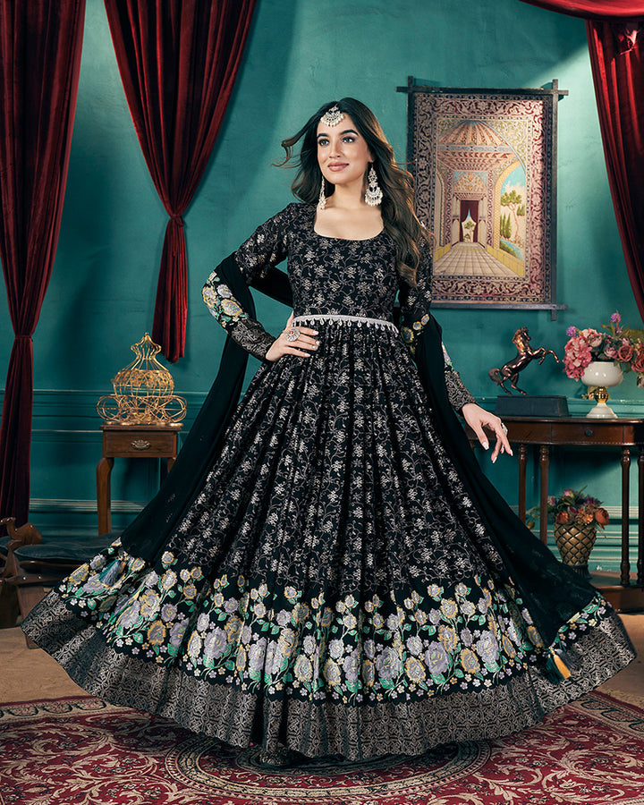 Beautiful Black Color Georgette Gown With Dupatta
