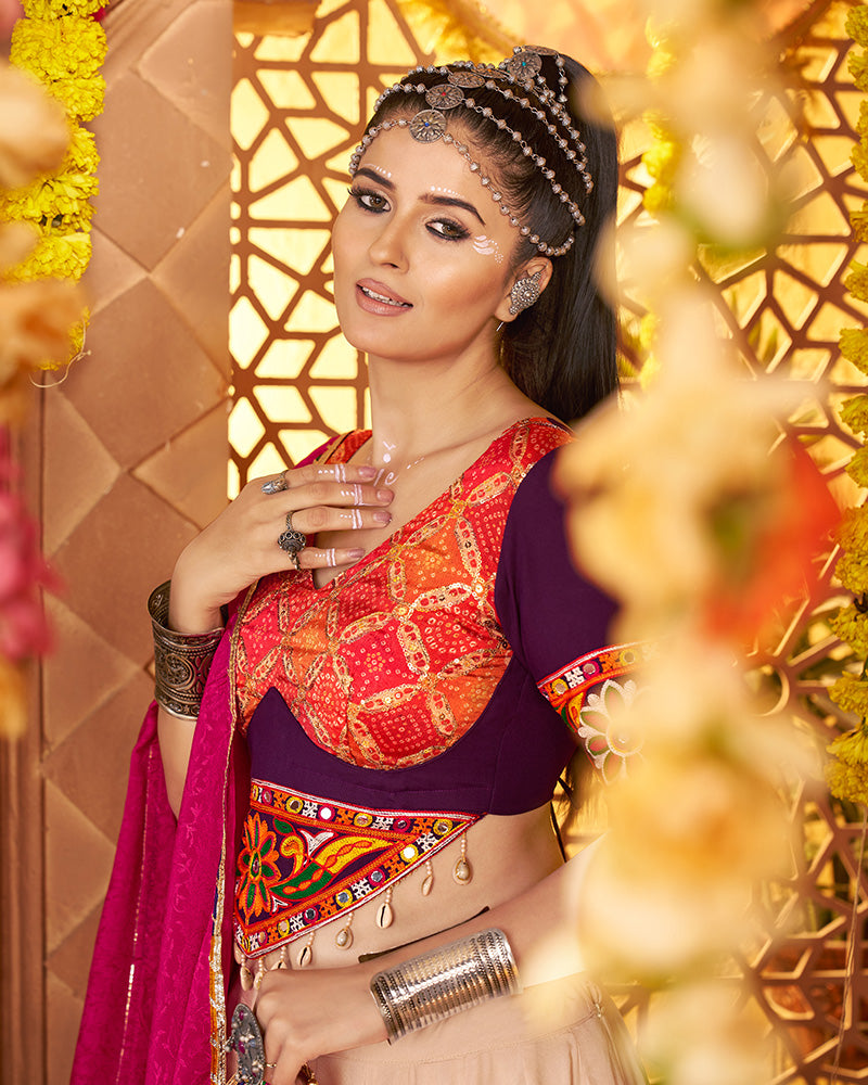 Elegant Beige and Maroon Navratri Lehenga Choli With Rich Embroidered Accents