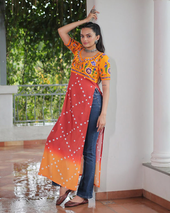 Navratri Special Rust Orange Color Rayon Kutchi Work Kurti