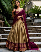 Cultural Chikoo and Maroon Color Poly Cotton Lehenga Chex Half Saree