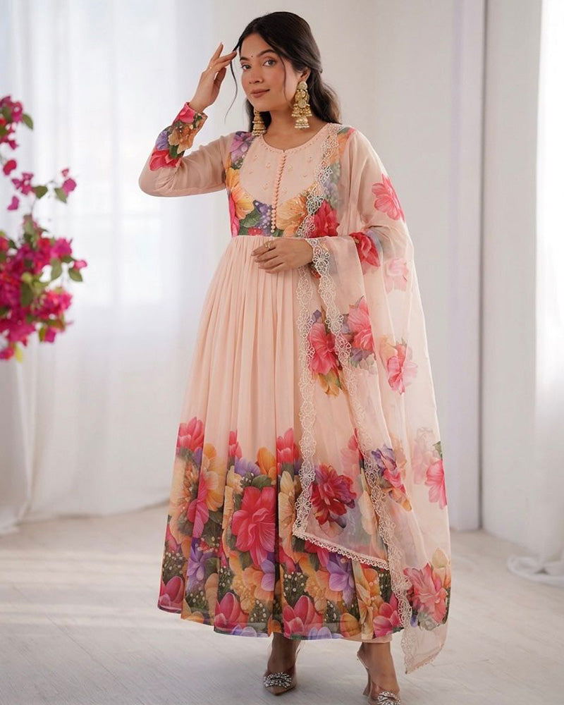 Cream Color Faux Georgette Printred Anarkali Suit