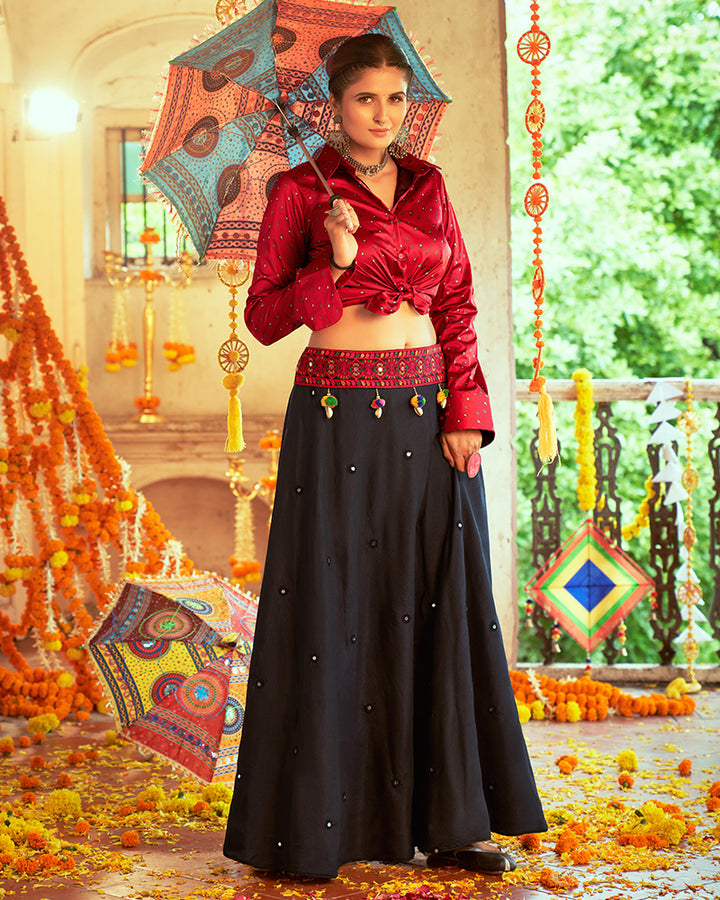 Maroon And Black Color Cotton Printed Crop Top Navratri Lehenga Choli