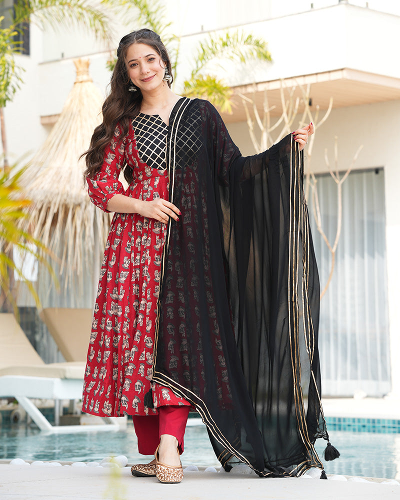 Maroon and Black Color Printed Pure Cotton Anarkali Suit