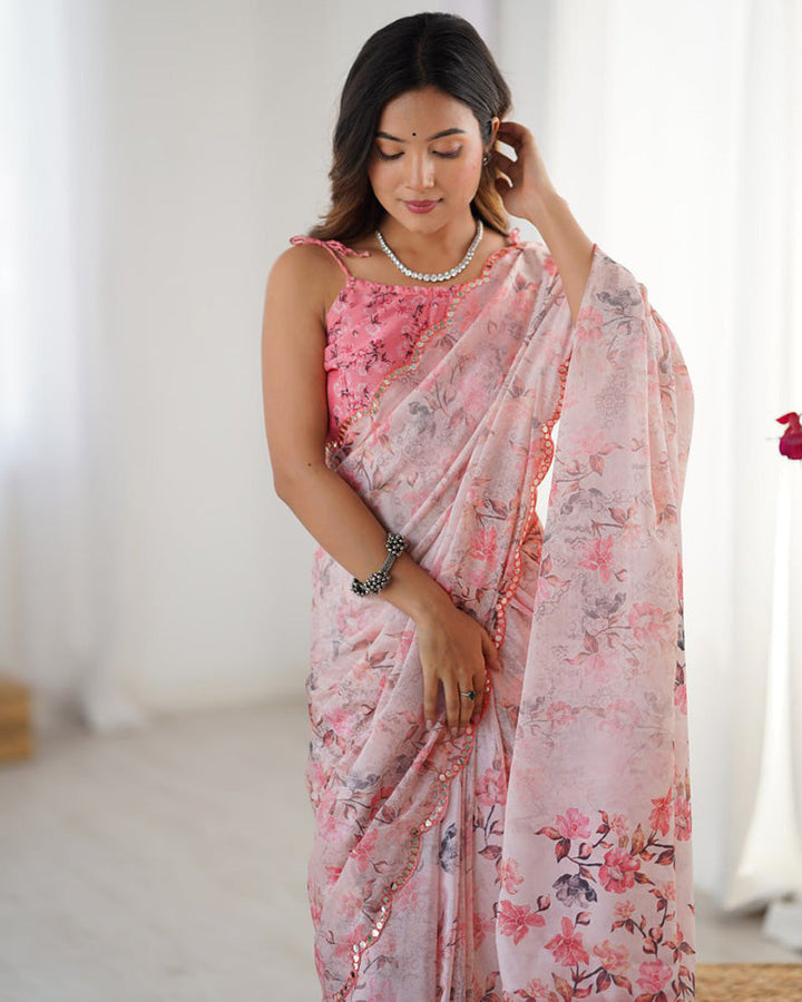 Baby Pink Color Chinnon Silk Mirror Work Saree