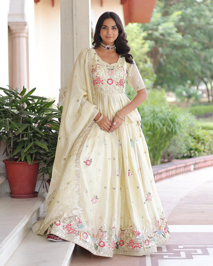 Off-White Color Gold Crush Embroidered Lehenga Choli