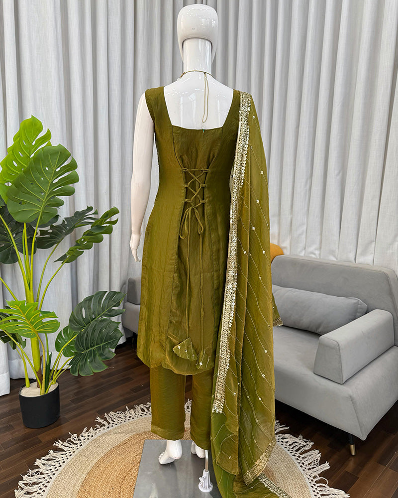 Mehndi Color Fendy Silk Embroidered Kurti Suit