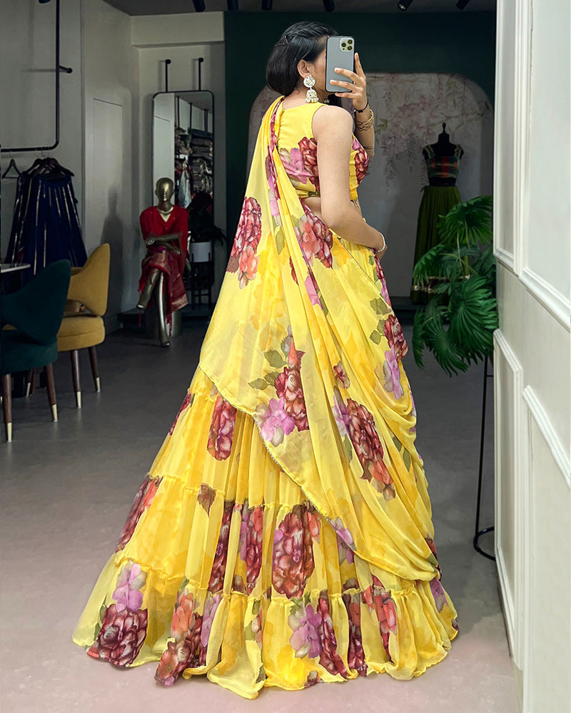 Yellow Color Lightweight Chiffon Printed Lehenga Choli