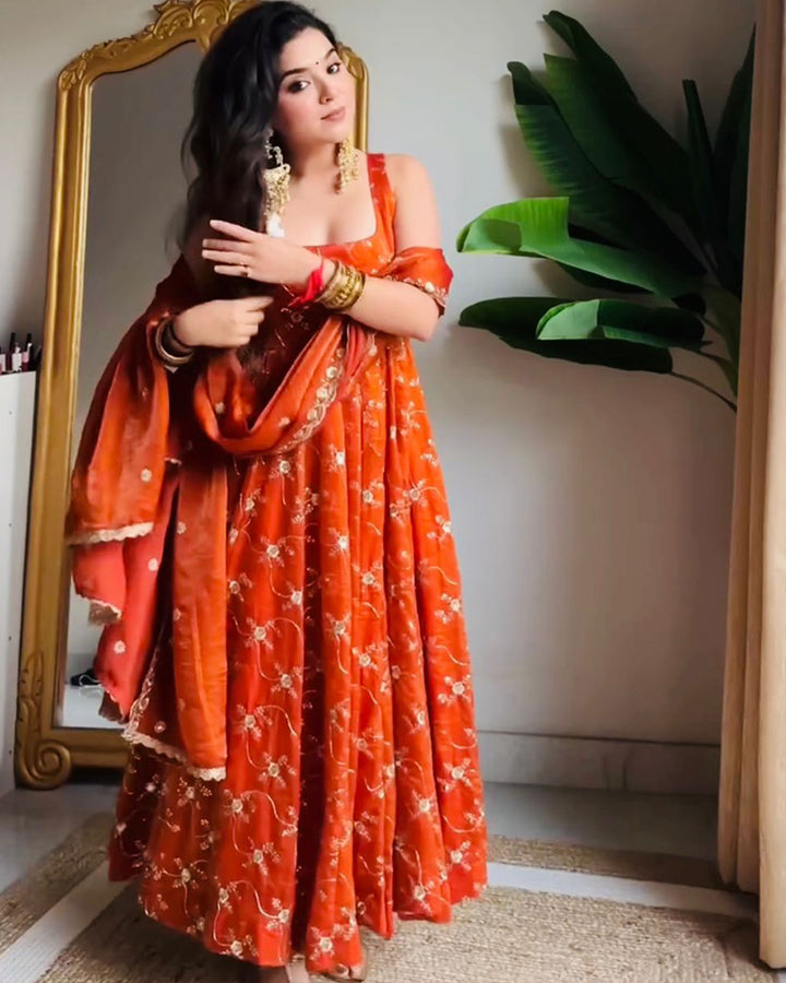 Orange Color Fendi Silk Three Piece Anarkali Suit