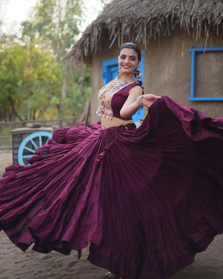 Wine Color Rayon Frill And Embroidered Navratri Lehenga Choli