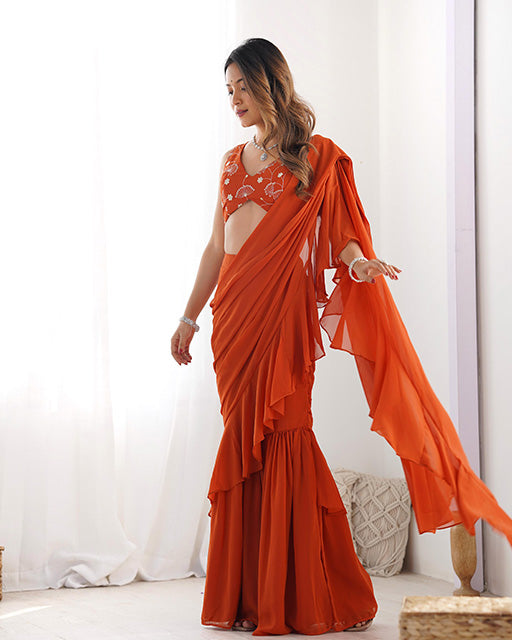 Designer Rust Color Faux Georgette Plain Sharara Saree