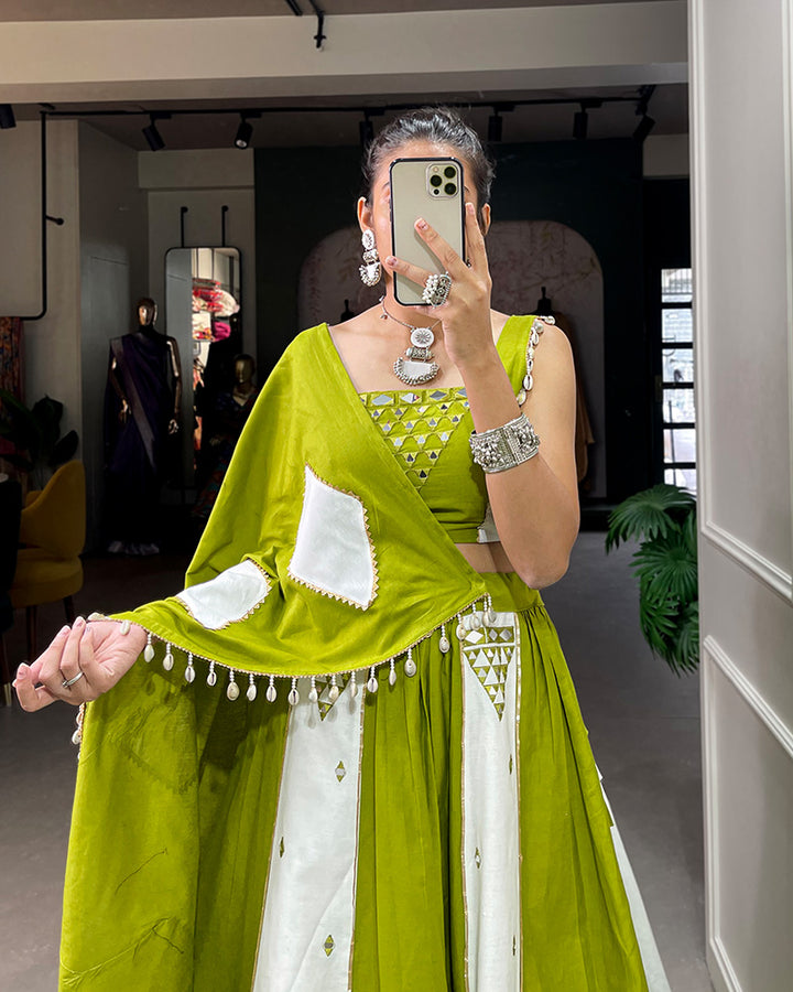 Parrot Color Pure Cotton Lehenga Choli With Original non Breakable Mirror Work