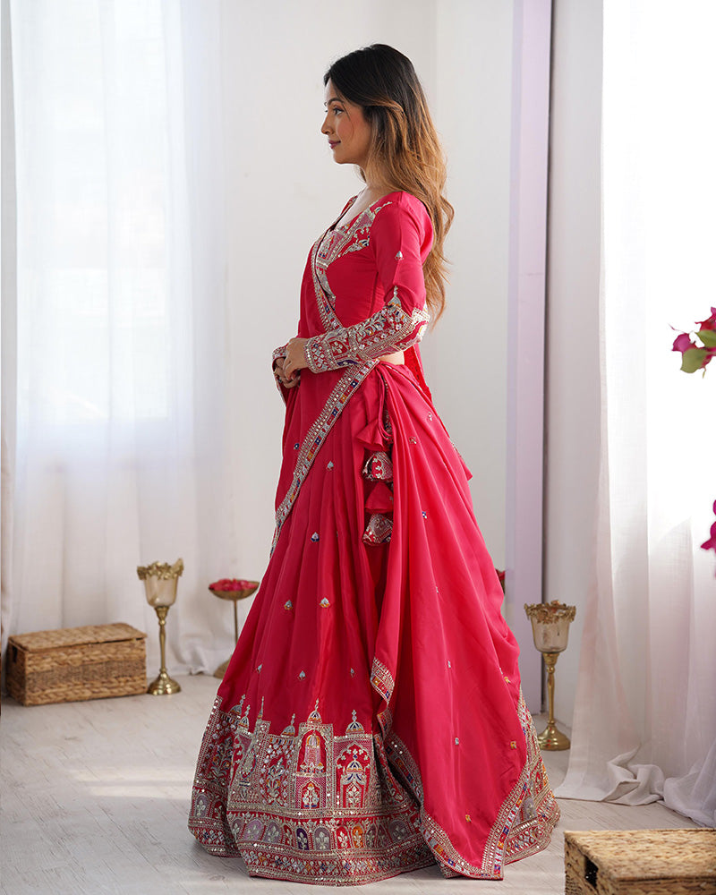 Designer Tomato Color Natural Crepe silk Lehenga Choli