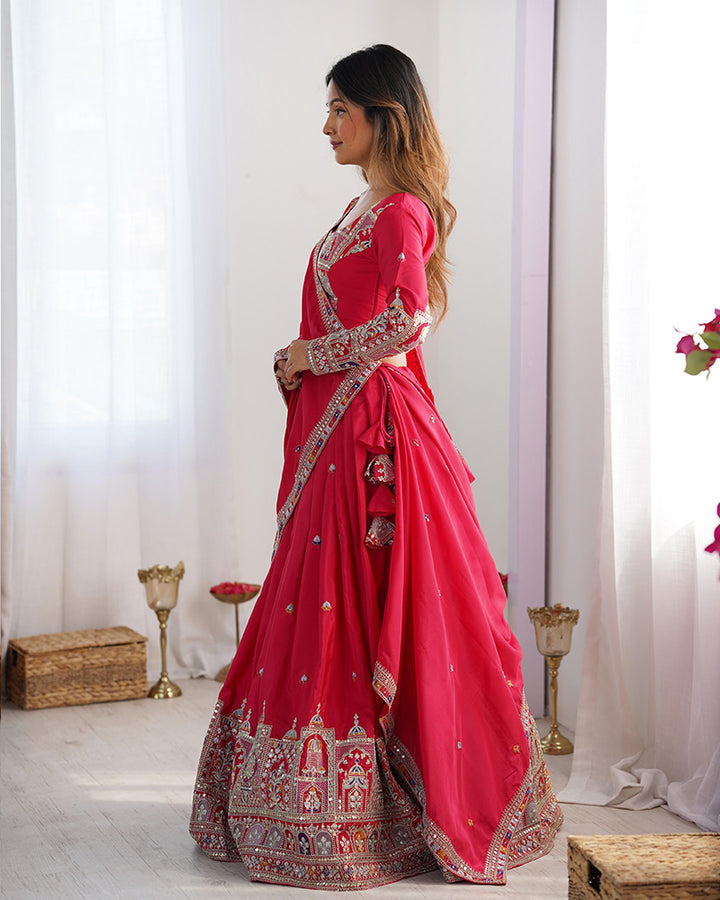 Designer Tomato Color Natural Crepe silk Lehenga Choli