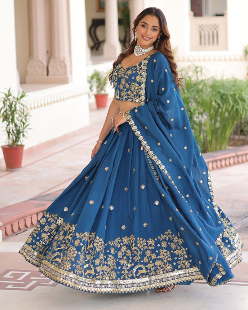 Peacock Blue Color Vichitra Silk Sequence Embroidered Lehenga Choli