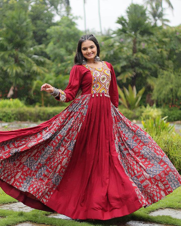 Navratri Special Maroon Color Reyon Gamthi Style Gown