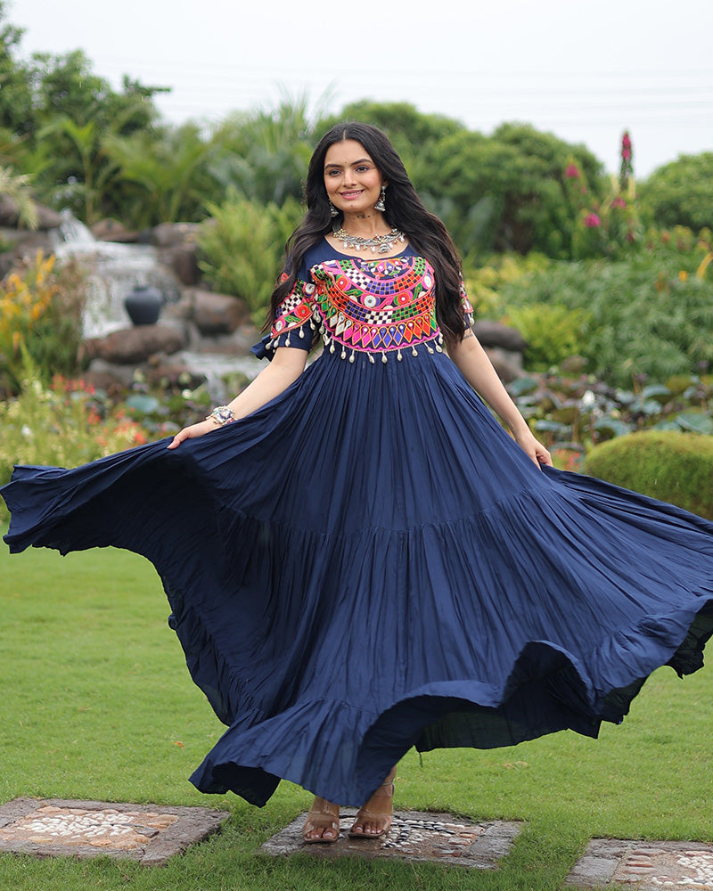 Navratri Wear Royal Blue Color Rayon Gamthi Work Gown