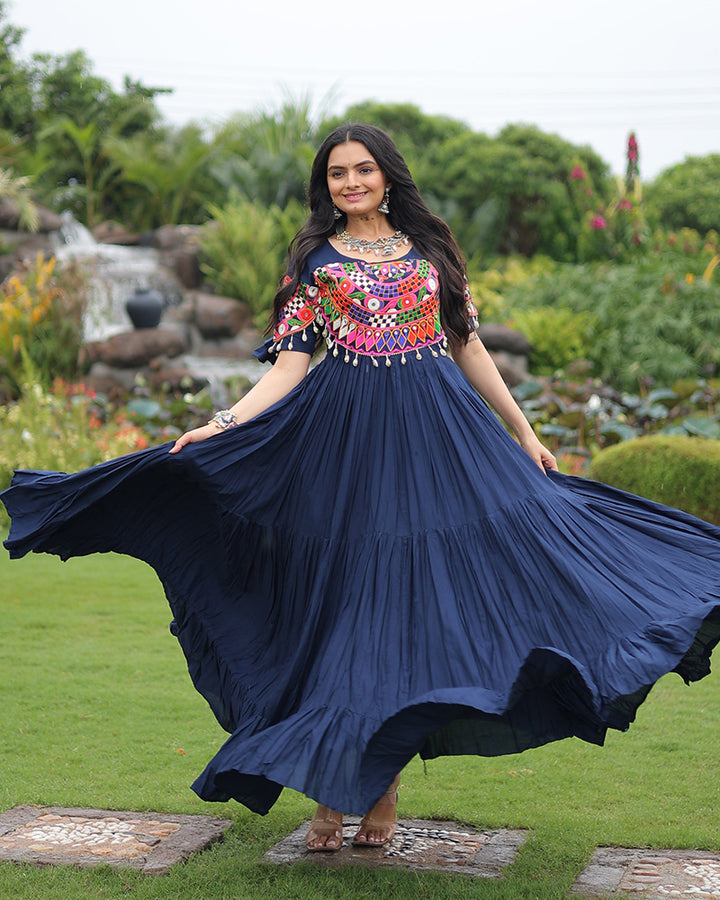 Navratri Wear Royal Blue Color Rayon Gamthi Work Gown