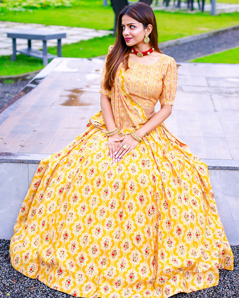 Mustard Yellow Color Chanderi Cotton printed lehenga Choli