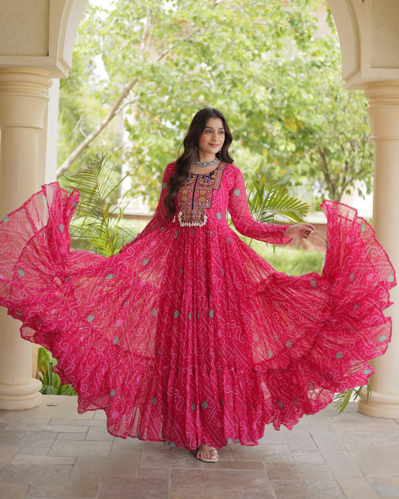 Pink Color Bandhani Print Faux Georgette Navratri Gown