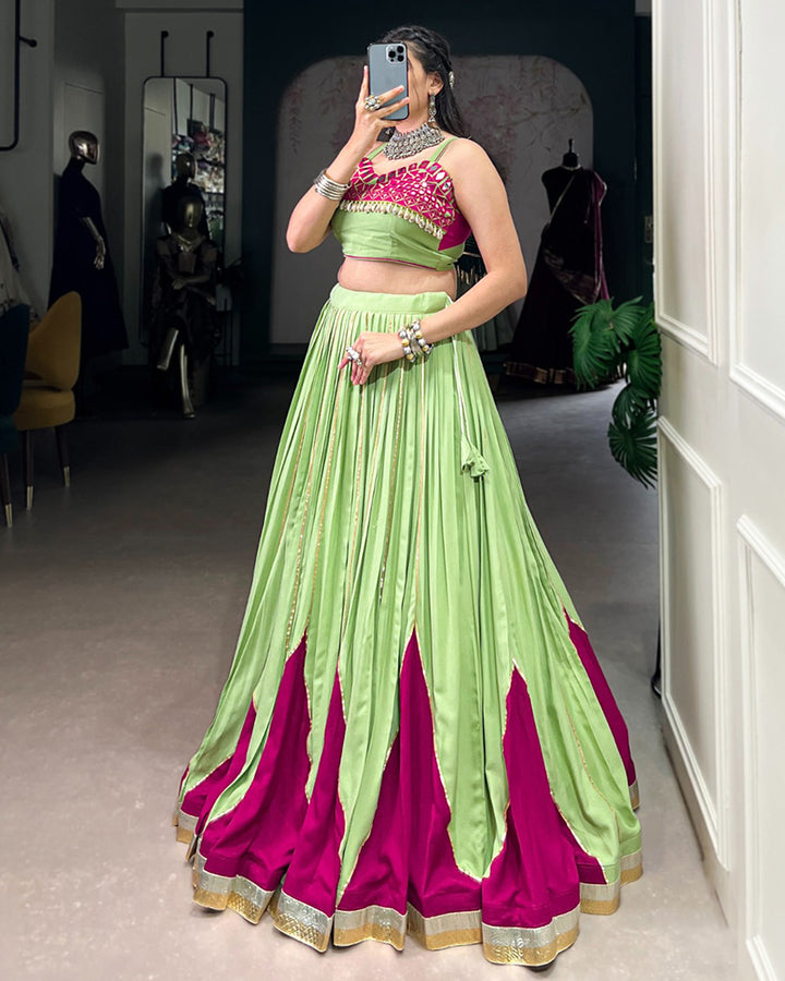 Parrot Green & Magenta Color Pure Rayon Mirror Work Navratri Lehenga Choli